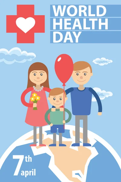 Família em pé em um globo e cruz vermelha — Vetor de Stock