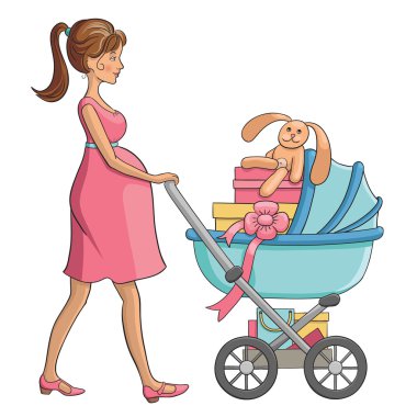 Bebek arabası ve çocuk için alışveriş hamile kadın yürüyor. 