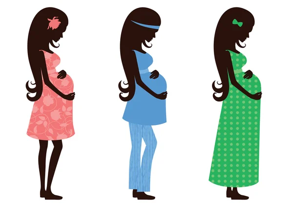 Drie cijfers van een zwangere vrouw in verschillende kleren. — Stockvector