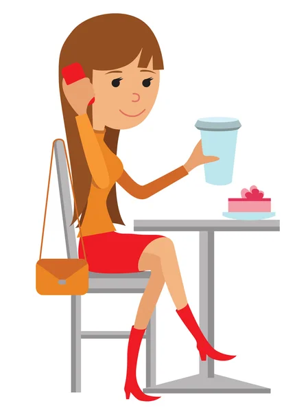 Coffee shop plochý vektorové ilustrace. Mladá žena pít kávu u stolu. — Stockový vektor