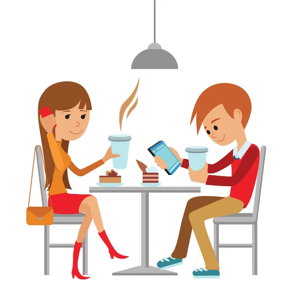 Paar zitten in het cafe, flirten en praten over iets. Platte moderne illustratie van studenten met behulp van de laptop, telefoon. — Stockvector