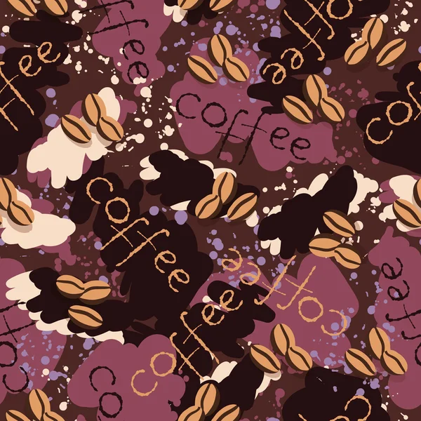 Бесшовный фон с брызгами кофейных зерен и надписями . — стоковый вектор