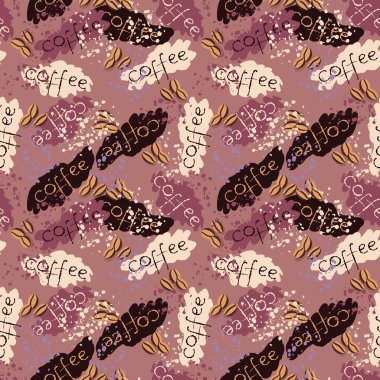 Kahve çekirdekleri su sıçramalarına ve yazı ile sorunsuz arka plan.