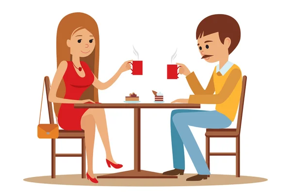 Pareja sentada en el café, coqueteando y hablando de algo. Ilustración plana moderna de los estudiantes usando el ordenador portátil, teléfono . — Vector de stock