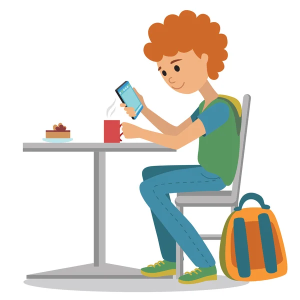 Café loja vetor ilustração plana. Jovem à mesa. Desenho de estudante usando smartphone isolado em fundo branco . —  Vetores de Stock