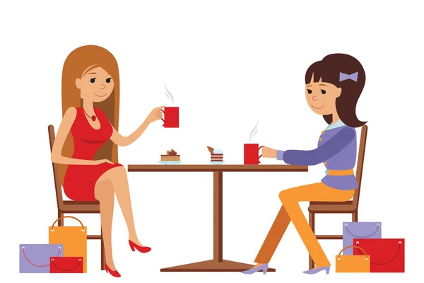 Dos hermosas mujeres hablando en la cafetería mientras beben — Archivo Imágenes Vectoriales