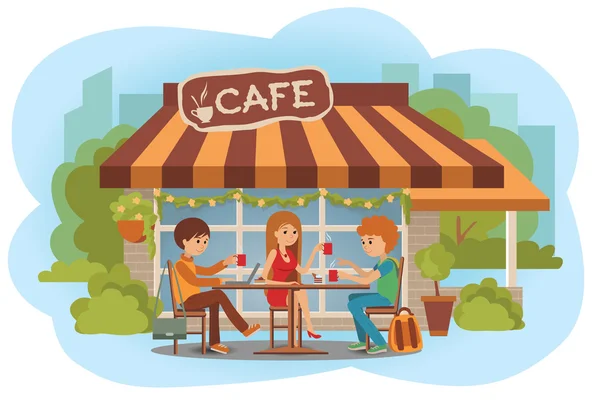 İnsanlar açık kafede vektör Illustration. Erkek ve kadın kafe, sıcak kahve içme ve dizüstü bilgisayar kullanarak ve bir şeyden söz ederken açık oturuyordu. Düz modern illüstrasyon.