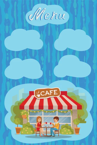Mann und Mädchen sitzen in einem Café im Freien. Vektorillustration von Menüvorlagen, Broschüren, Flyern Café oder Restaurant. Zeichnung mit Schriftzug und Platz für Beschriftungsmenü. — Stockvektor