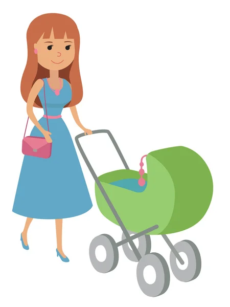 Vector illustration of mother walking with newborn on baby stroller isolated white background. Flat style drawing. — Stock Vector