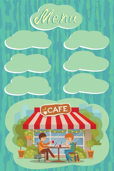Jungs sitzen in einem Café im Freien. Vektorillustration von Menüvorlagen, Broschüren, Flyern Café oder Restaurant. Zeichnung mit Schriftzug und Platz für Beschriftungsmenü. — Stockvektor