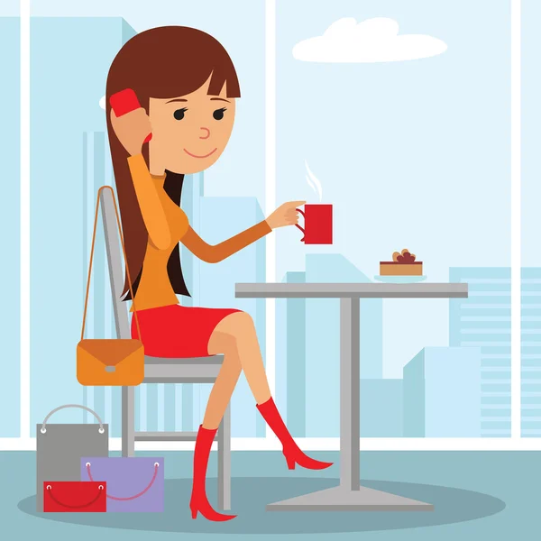 Векторна ілюстрація шаблону для меню, брошури, кафе флаєрів або ресторану молода дівчина в кафе. Дівчина використовує телефон і п'є каву в кав'ярні . — стоковий вектор