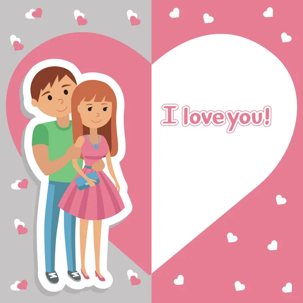 Векторное фото с поздравлениями с праздником. Иллюстрация молодой пары на фоне сердца с надписью "Я люблю тебя". Мужчина и женщина влюблены . — стоковый вектор