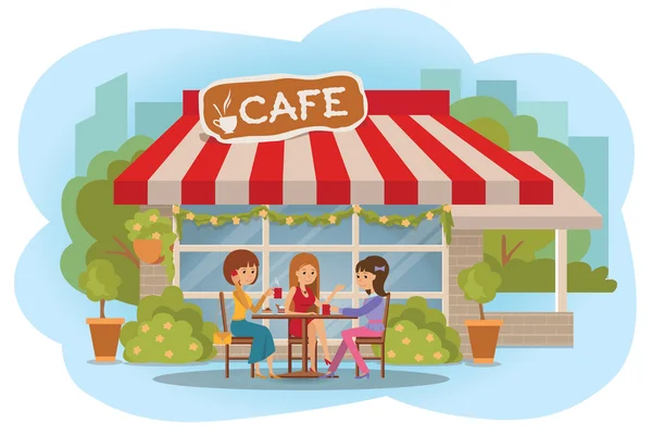 Vektorové ilustrace lidí na venkovní kavárně. Tři přátelé ženy sedící při pití horké kávy a mluví o něčem. — Stockový vektor