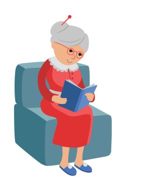 yaşlı bir kadın kitap okuyarak featuring illüstrasyon.