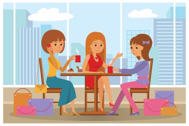Kafe - vektör çizim penceresinde şehir manzarası ile kadınlarda.