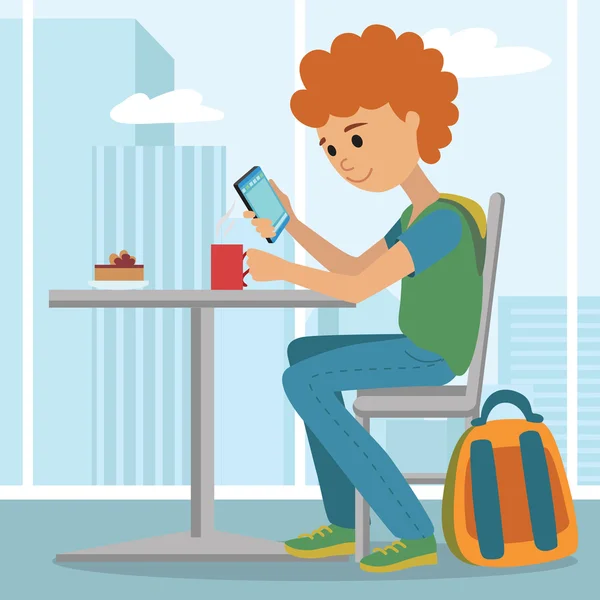 Ung man på jobbet. Vektor illustration av student kaffepaus med telefonen. — Stock vektor