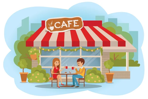 Vektorové ilustrace pár v lásce s romantické rande v kavárně venkovní. — Stockový vektor