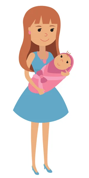 Jovem mãe com um bebê recém-nascido em seus braços, cobertor embrulhado. Ilustração vetorial isolada sobre fundo branco . —  Vetores de Stock