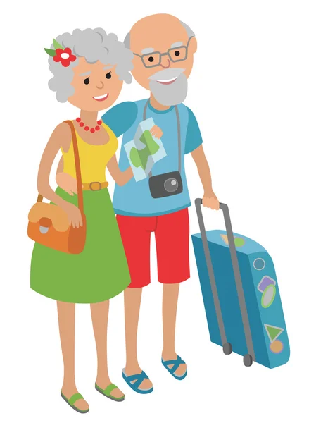 Vector illustration of elderly couple traveling isolated on white background in flat style. Elderly man and woman grandparents with suitcase and bags. — Stock Vector