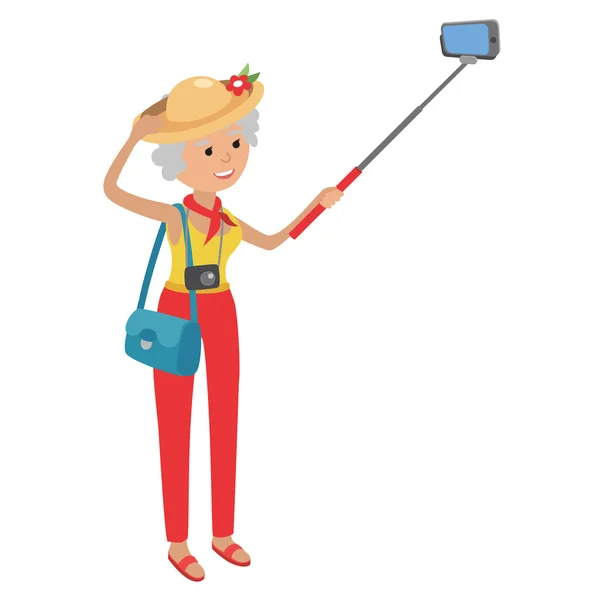 Intellegent moderní starší žena pomocí mobilního telefonu. Babička je selfie na smartphone. — Stockový vektor