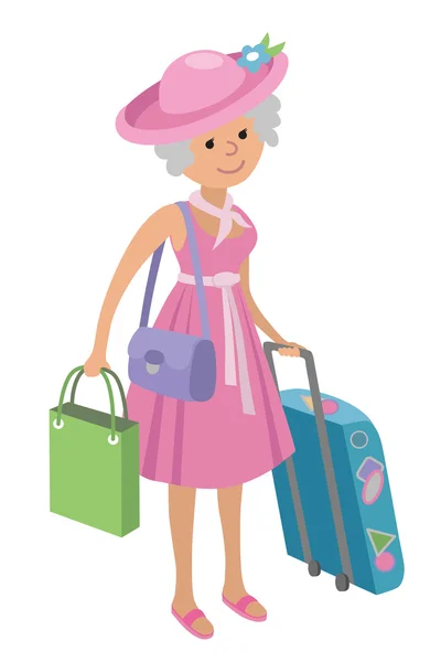 Εικονογράφηση της ηλικιωμένης γυναίκας για ψώνια απομονωμένες λευκό φόντο. — Διανυσματικό Αρχείο