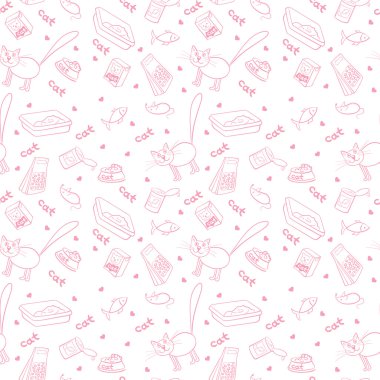 Kediler için ürünlerin sorunsuz arka plan. Vektör çizim.