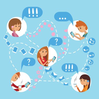 Düz stil gençler online sosyal medya iletişim Infographic kavramı vektör set yüzler. Adam kadın tablet telefon dizüstü bilgisayar ile. Sohbet paylaşımı gibi e-posta yoluyla içerik ve insanlar bağlı.