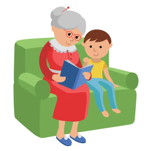 Illustration featuring an elderly woman reading a book for grandson. — Stock Vector