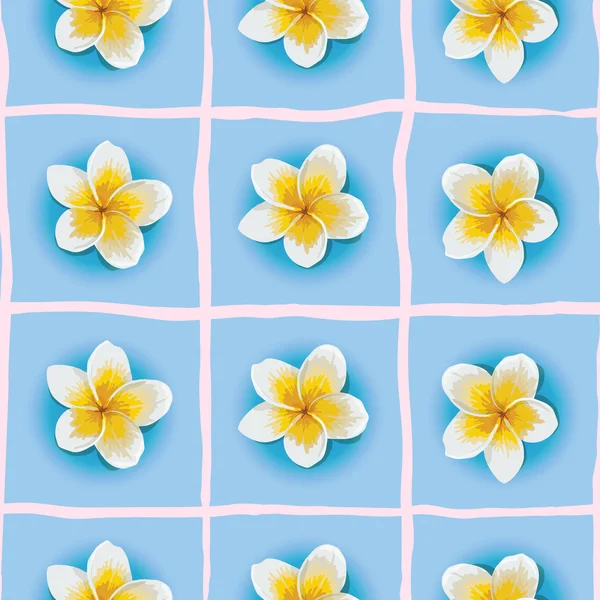 Vektor nahtlose Muster mit Plumeria oder Frangipani Blume in blauem Hintergrund. Nationalblume von Laos und Bali. Floraler Hintergrund für sommerliches Design. — Stockvektor