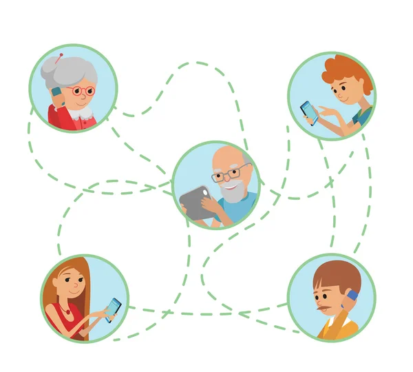 Ilustración de vectores familiares personas de estilo plano se enfrenta a las comunicaciones en línea redes sociales. Hombre mujer padres abuelos con tablet phone . — Archivo Imágenes Vectoriales