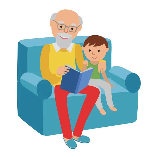 행복 한 노인 남자는 소파에 앉아 그의 손자에 대 한 책을 읽고. — 스톡 벡터