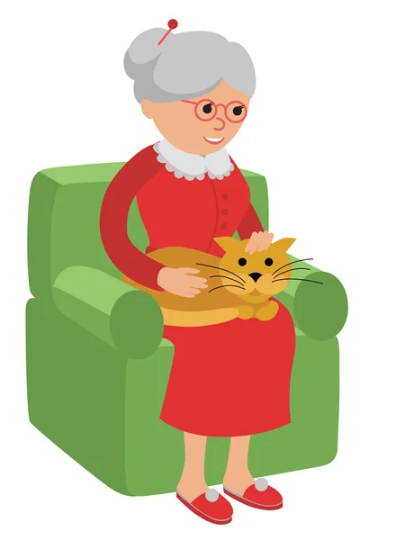 Felice donna anziana seduta sul divano e riposare con il gatto — Vettoriale Stock
