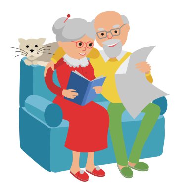 Happy senior man woman family sitting on the sofa read and rest. Vector illustration isolated white background. clipart