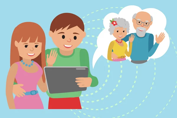 Семейная векторная иллюстрация плоского стиля общения в социальных сетях. Мужчина женщина пара родителей сделать видео-звонок с планшетом к бабушке и дедушке . — стоковый вектор