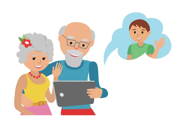 Aile vektör illüstrasyon düz stil insanlar online sosyal medya iletişim karşı karşıyadır. Dostum kadın dedesi tablet telefon ile anne.