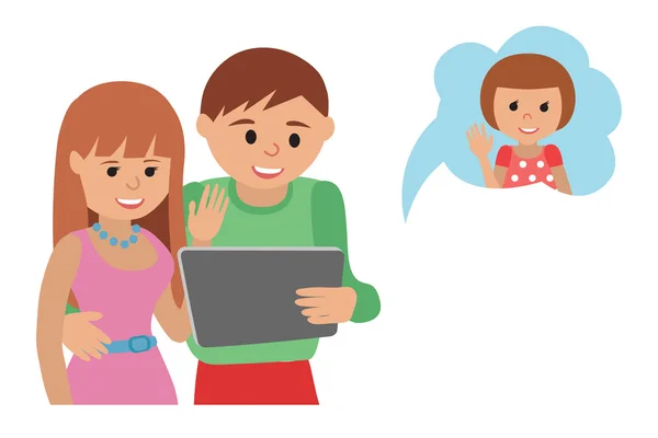 Familie vector illustratie vlakke stijl sociale media communicatie. Man vrouw koppel ouders maken video-oproep met tablet met dochter. — Stockvector