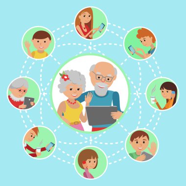 Aile vektör illüstrasyon düz stil insanlar online sosyal medya iletişim karşı karşıyadır. Dostum kadın dedesi tablet telefon ile anne.