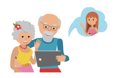 Aile vektör çizim düz stil insanlar online sosyal medya iletişim. Adam kadın kıdemli iki dedesi video yapmak tablet ile ara.