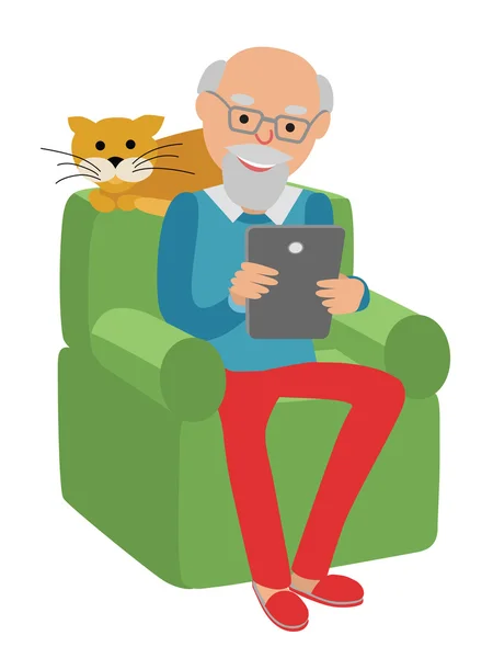 Счастливый старший мужчина сидит на диване читает газету и отдыхает с кошкой . — стоковый вектор