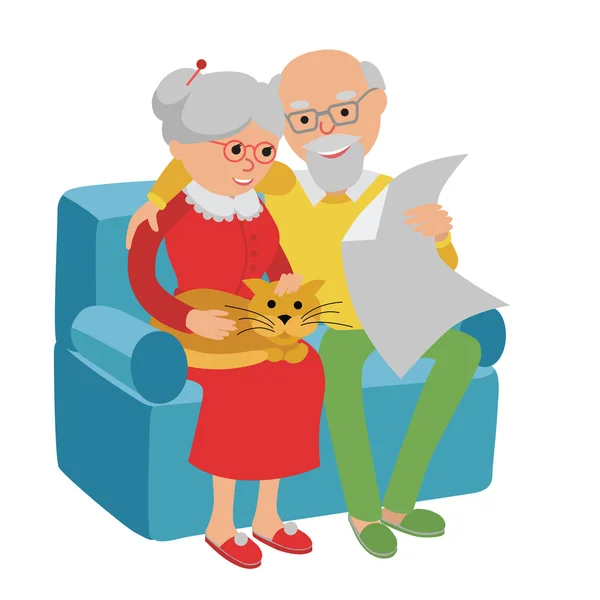 Happy senior man woman family sitting on the sofa and rest. Ilustração vetorial isolado fundo branco . —  Vetores de Stock