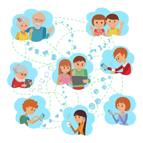 Social media communications. Man woman couple calling with tablet to their children parents grandparents and friends. — Stock Vector