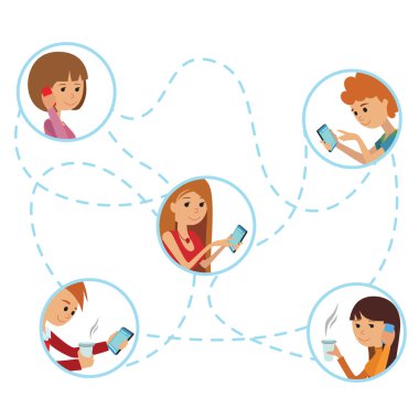 Düz stil gençler online sosyal medya iletişim Infographic kavramı vektör set yüzler. Adam kadın tablet telefon dizüstü bilgisayar ile. Sohbet paylaşımı gibi e-posta yoluyla içerik ve insanlar bağlı.