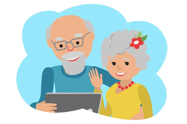 Feliz pareja de ancianos con tableta. Icono de nube de ilustración vectorial — Vector de stock