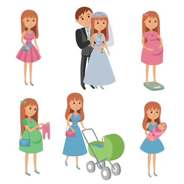 Set of wedding couple, pregnant woman, mother with baby. Vector illustration. — Stock Vector