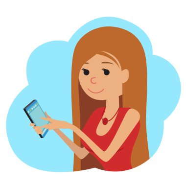 Vektör çizim düz tarzı. Smartphone elinde kızla simgesi.