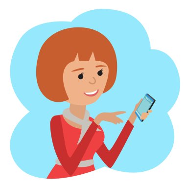 Vektör çizim düz tarzı. Smartphone elinde kızla simgesi.