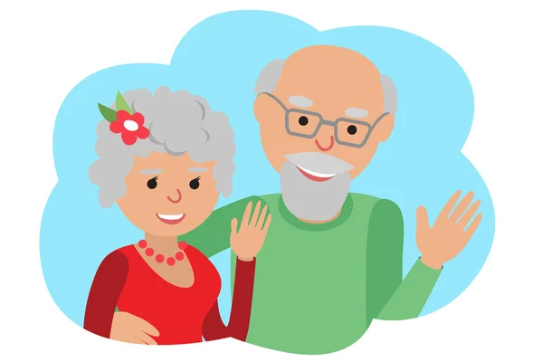 Feliz pareja de ancianos agitando su mano. Dibujo vectorial en el icono de comunicación en la nube. Hola gesto . — Vector de stock