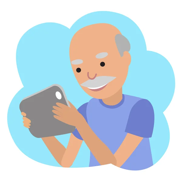 Счастливый пожилой человек с планшетом в руках . — стоковый вектор