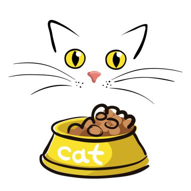 Beyaz arka plan vektör çizim üzerinde kase ile kedi surat