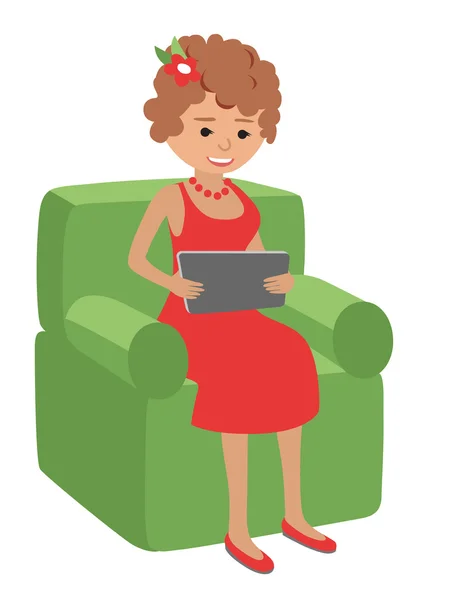 Obrázek ženy používat tablet sedí v křesle — Stockový vektor